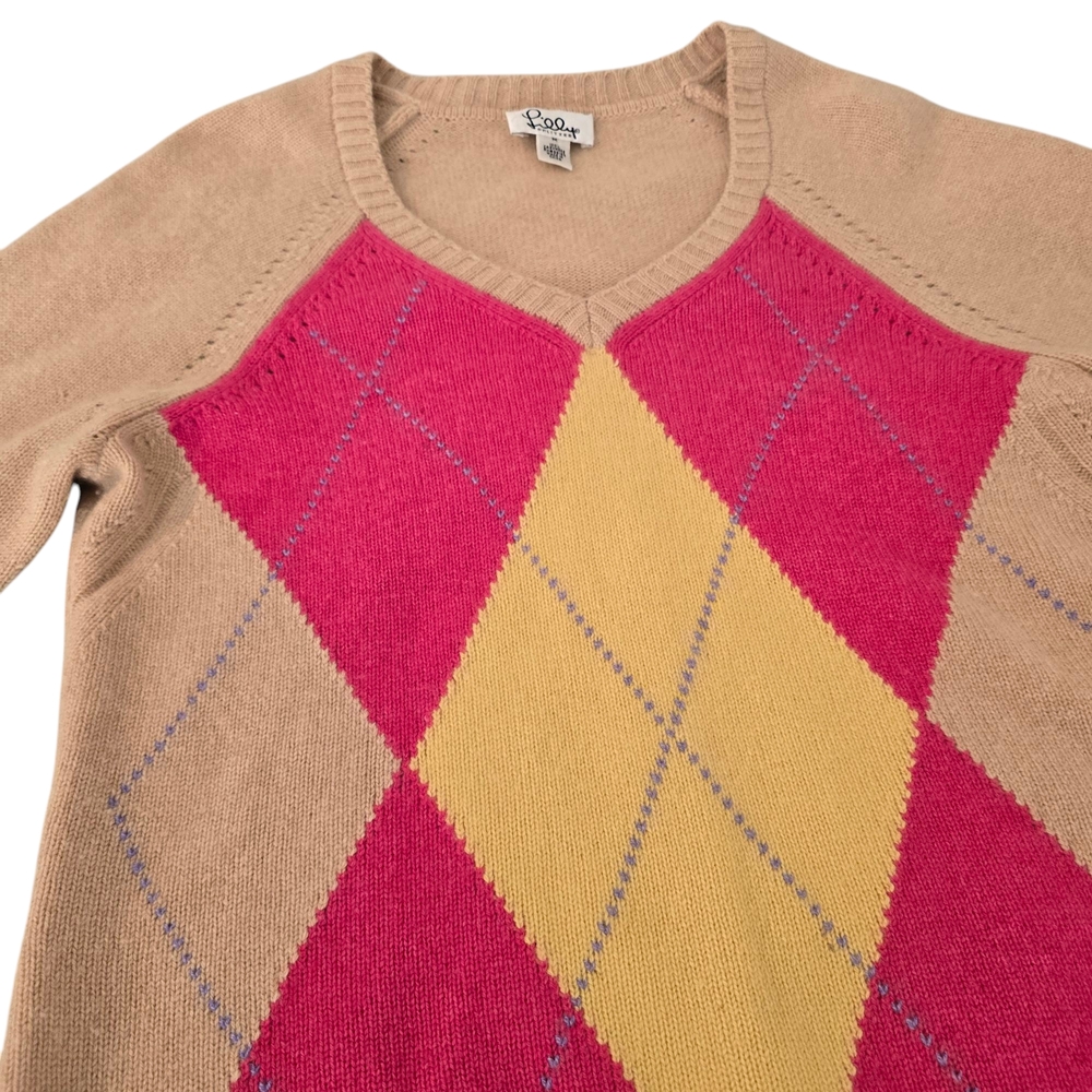 Lilly Pulitzer Cashmere Red and Tan Yellow Crew Neck Sweater with Argyle Pattern - Picture 5 of 9